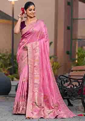 Pink Swarovski Zircon Work Silk Blend Saree Set