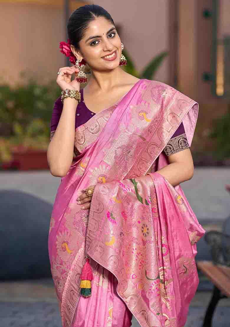 Pink Swarovski Zircon Work Silk Blend Saree Set