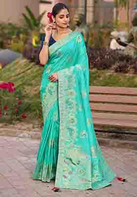 Turquoise Blue Swarovski Zircon Work Silk Blend Saree Set
