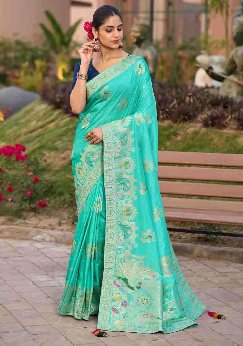 Turquoise Blue Swarovski Zircon Work Silk Blend Saree Set - Indya