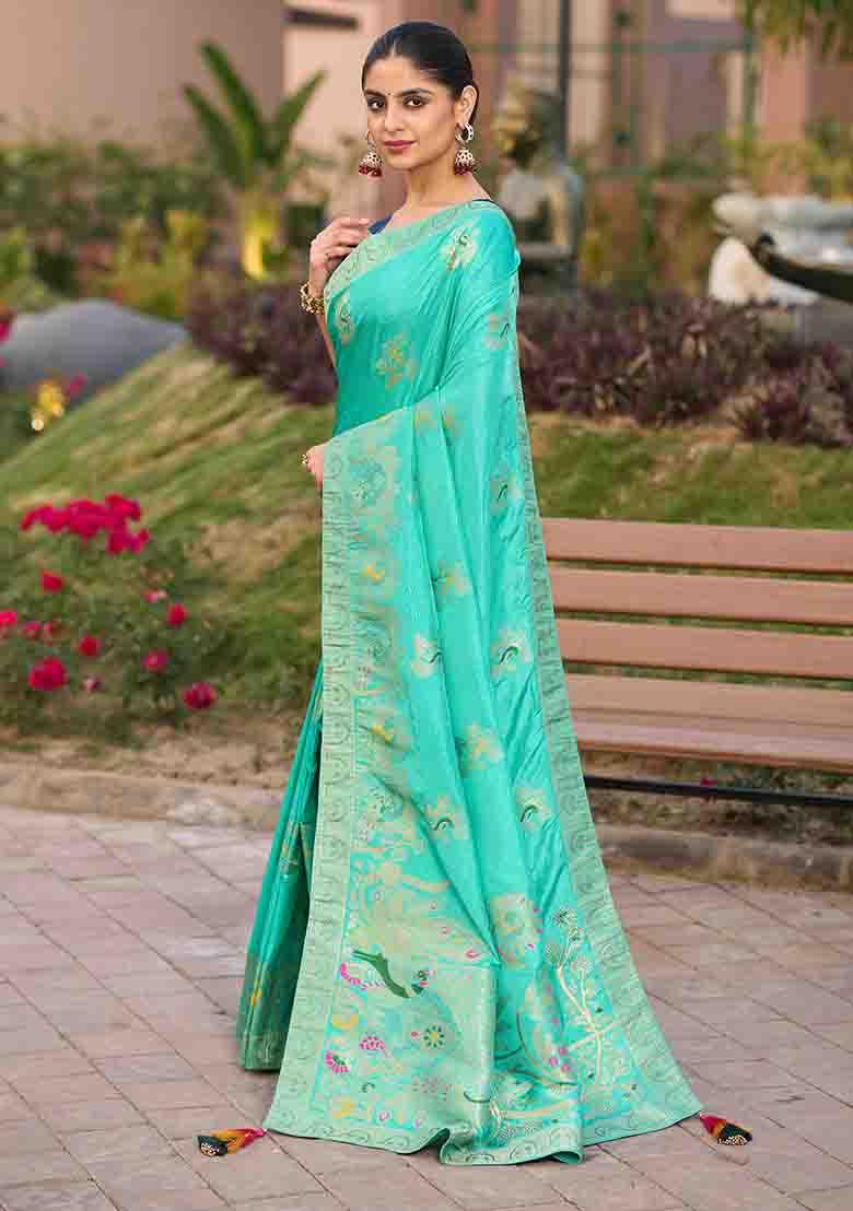 Turquoise Blue Swarovski Zircon Work Silk Blend Saree Set