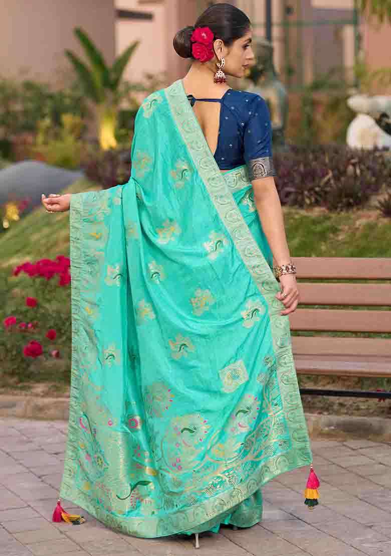 Turquoise Blue Swarovski Zircon Work Silk Blend Saree Set - Indya
