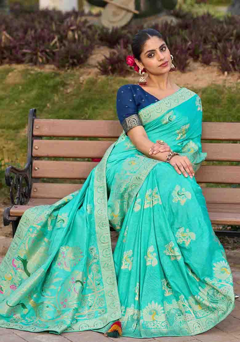 Turquoise Blue Swarovski Zircon Work Silk Blend Saree Set