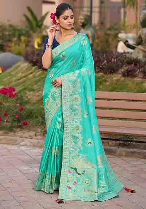 Turquoise Blue Swarovski Zircon Work Silk Blend Saree Set