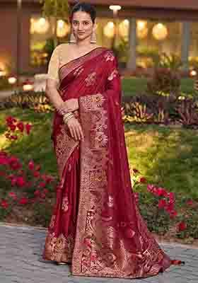 Maroon Swarovski Zircon Work Silk Blend Saree Set
