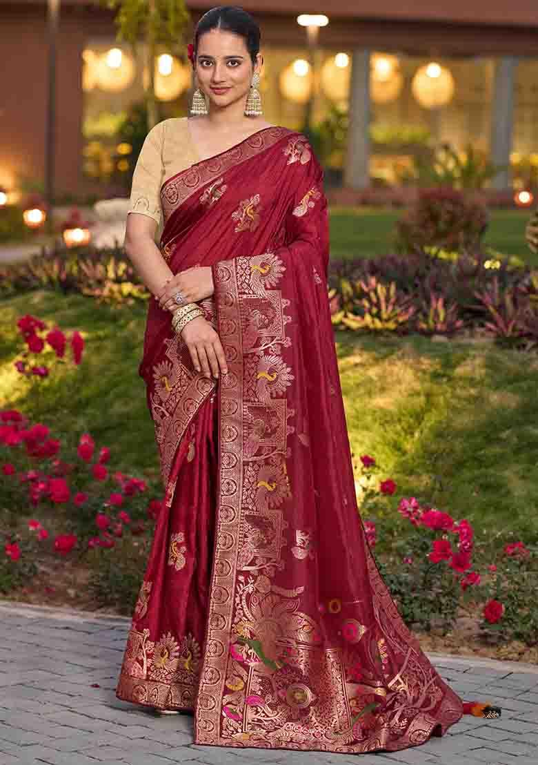Maroon Swarovski Zircon Work Silk Blend Saree Set