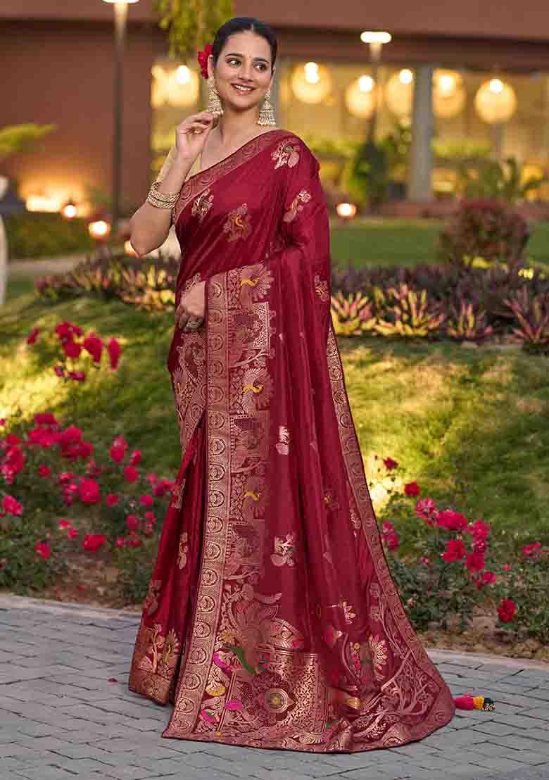 Maroon Swarovski Zircon Work Silk Blend Saree Set