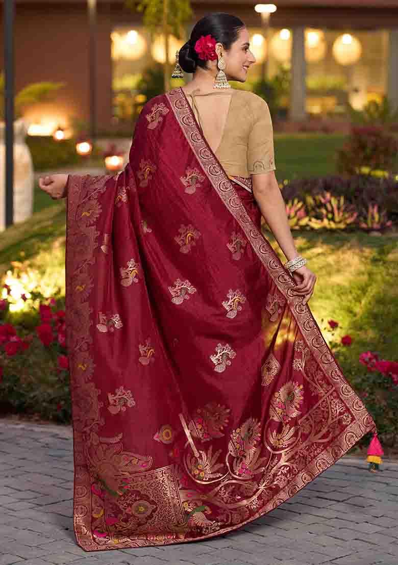 Maroon Swarovski Zircon Work Silk Blend Saree Set