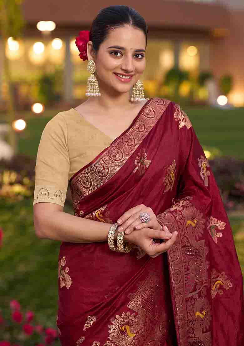 Maroon Swarovski Zircon Work Silk Blend Saree Set