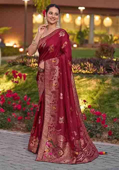 Maroon Swarovski Zircon Work Silk Blend Saree Set