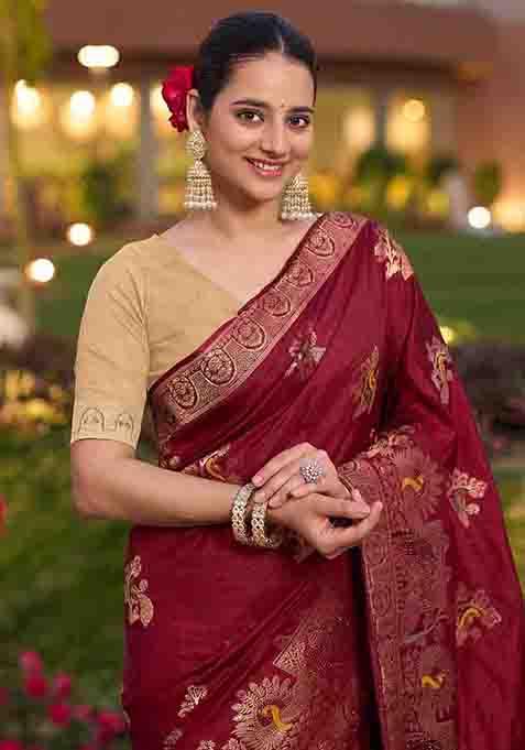 Maroon Swarovski Zircon Work Silk Blend Saree Set