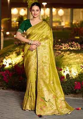 Neon Green Swarovski Zircon Work Silk Blend Saree Set