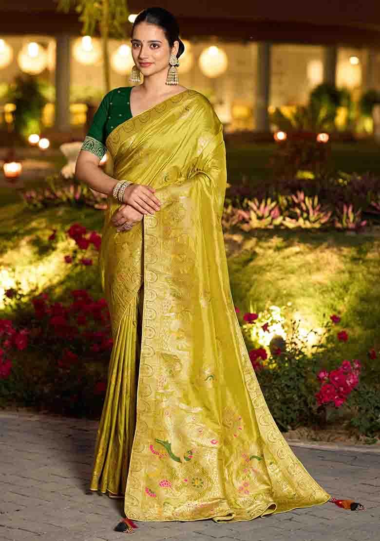 Neon Green Swarovski Zircon Work Silk Blend Saree Set