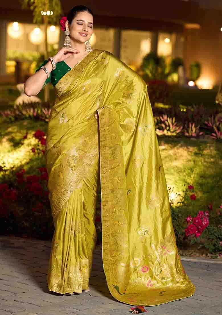 Neon Green Swarovski Zircon Work Silk Blend Saree Set