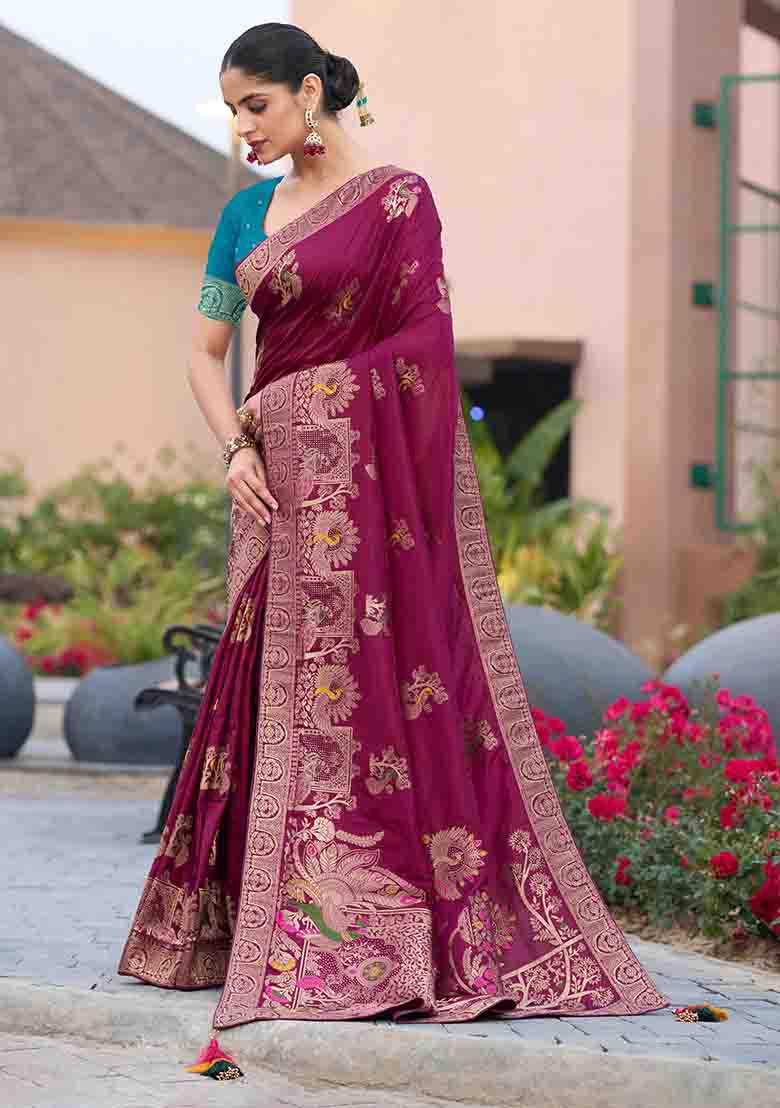 Wine Swarovski Zircon Work Silk Blend Saree Set