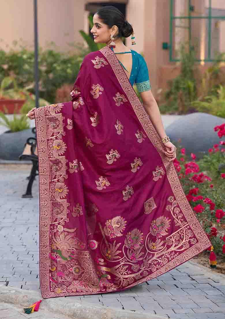 Wine Swarovski Zircon Work Silk Blend Saree Set