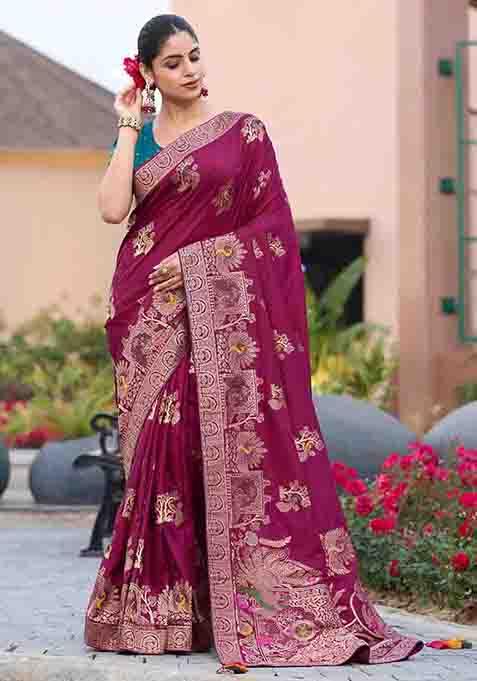 Wine Swarovski Zircon Work Silk Blend Saree Set