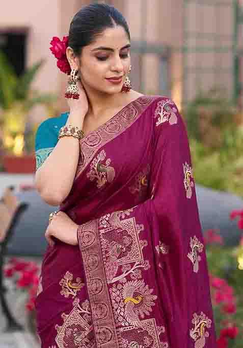 Wine Swarovski Zircon Work Silk Blend Saree Set