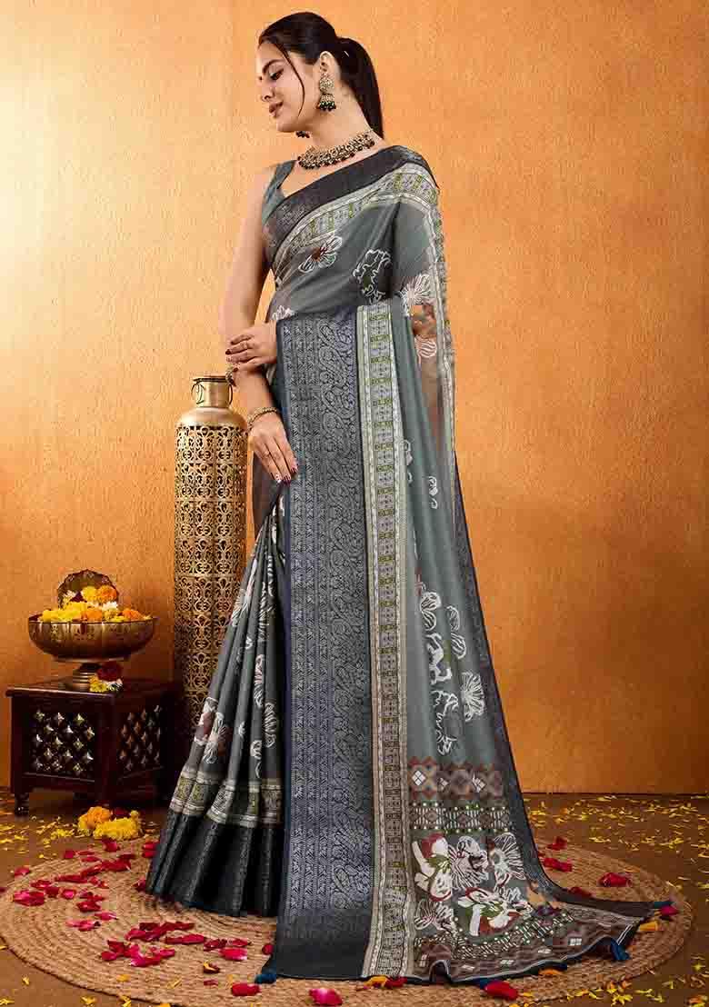 Grey Floral Print Silk Blend Saree Set
