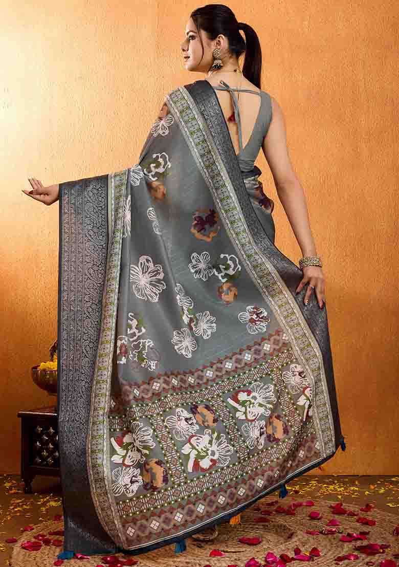 Grey Floral Print Silk Blend Saree Set - Indya