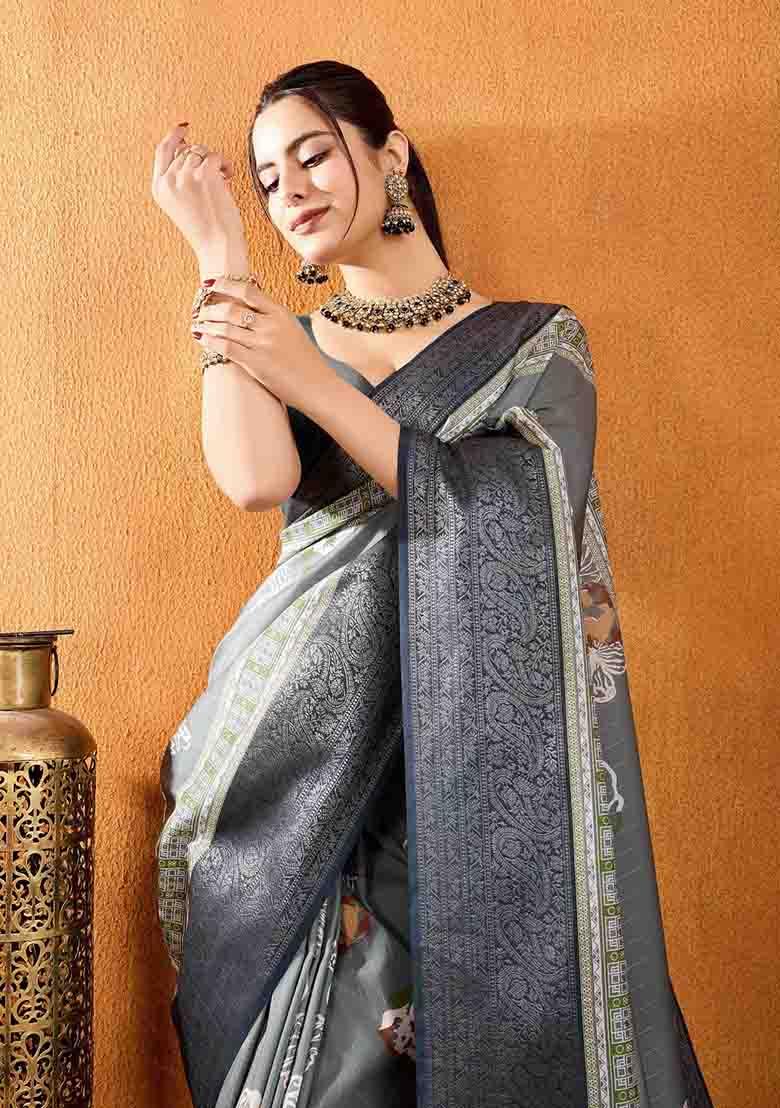 Grey Floral Print Silk Blend Saree Set