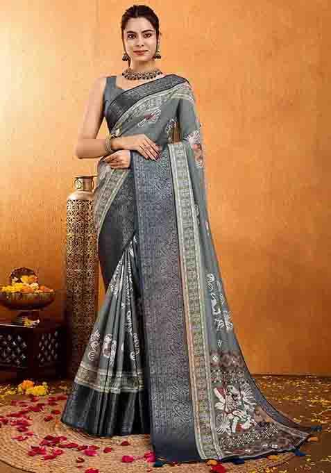 Grey Floral Print Silk Blend Saree Set