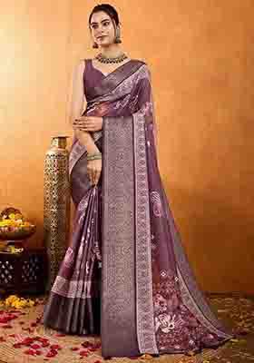 Mauve Floral Print Silk Blend Saree Set