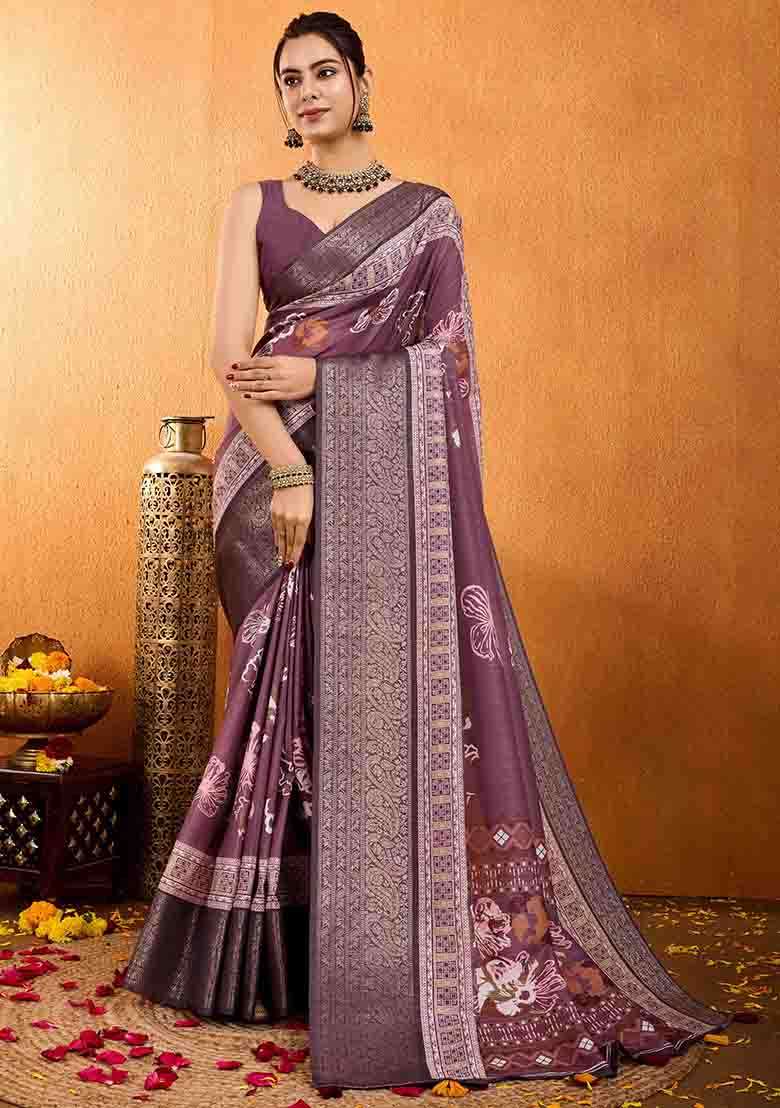 Mauve Floral Print Silk Blend Saree Set - Indya