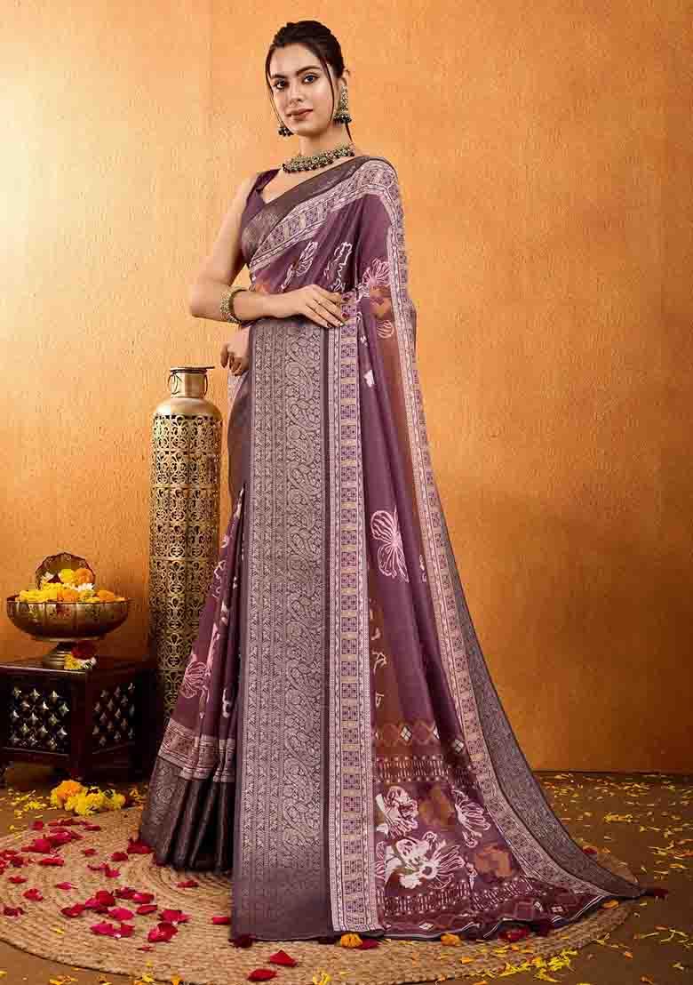 Mauve Floral Print Silk Blend Saree Set