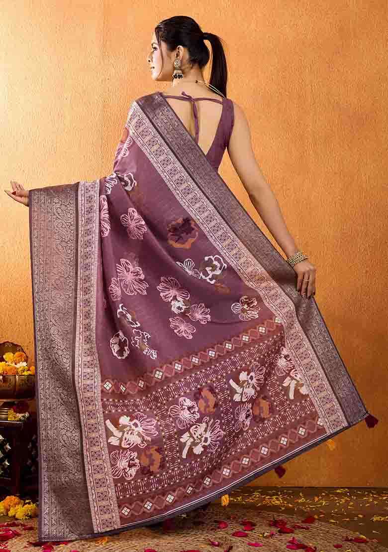 Mauve Floral Print Silk Blend Saree Set - Indya