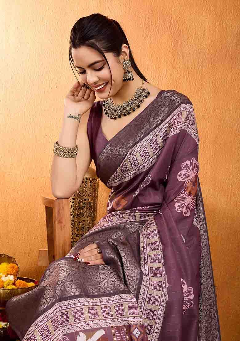 Mauve Floral Print Silk Blend Saree Set