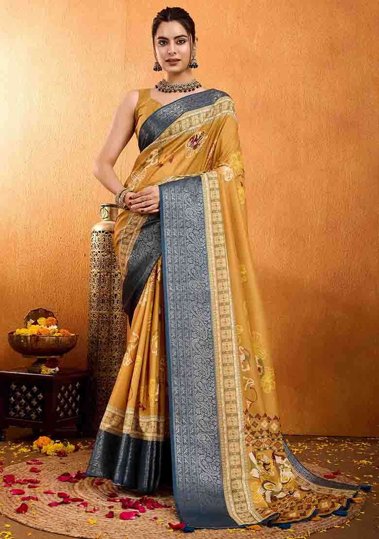 Mustard Yellow Floral Print Silk Blend Saree Set - Indya