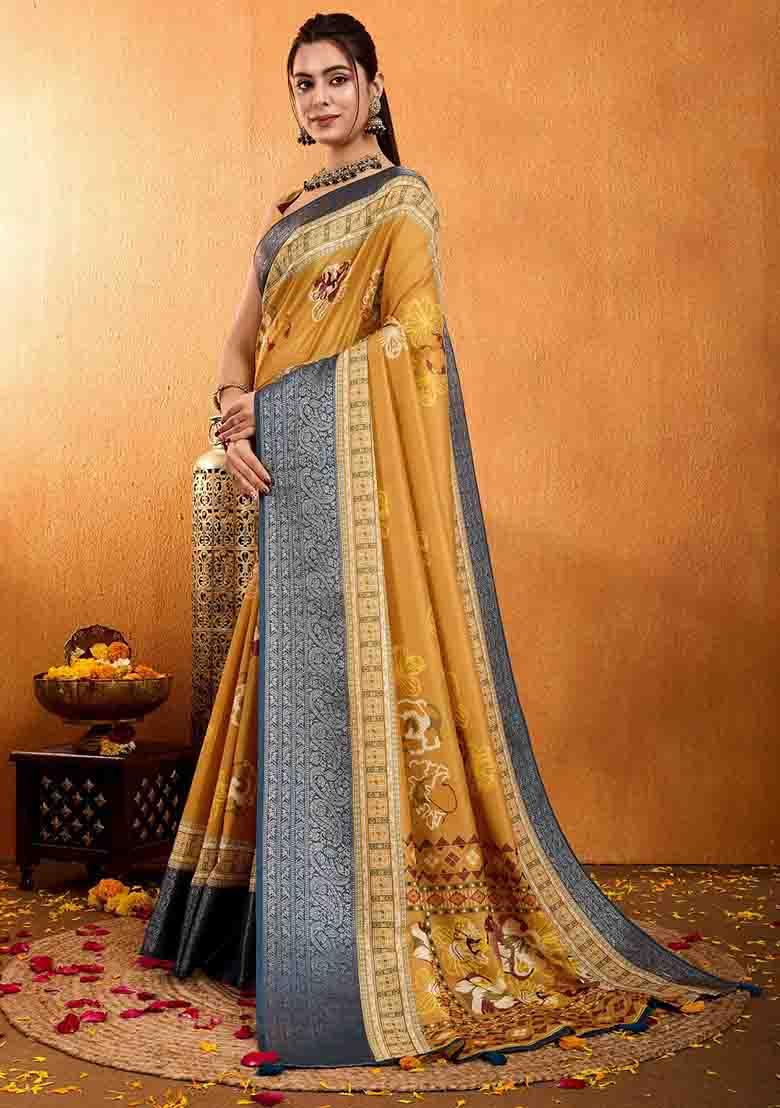 Mustard Yellow Floral Print Silk Blend Saree Set