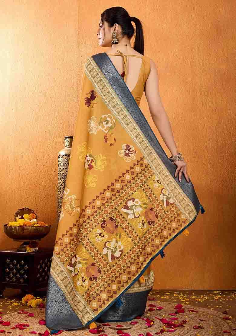 Mustard Yellow Floral Print Silk Blend Saree Set - Indya
