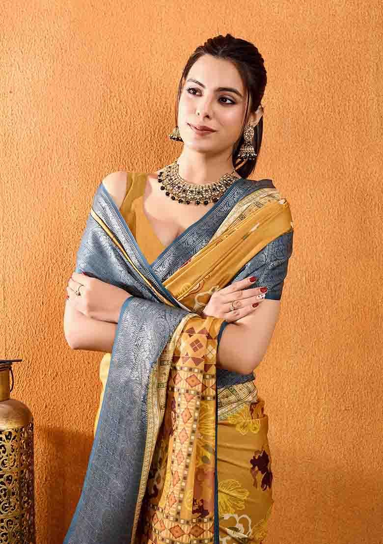 Mustard Yellow Floral Print Silk Blend Saree Set