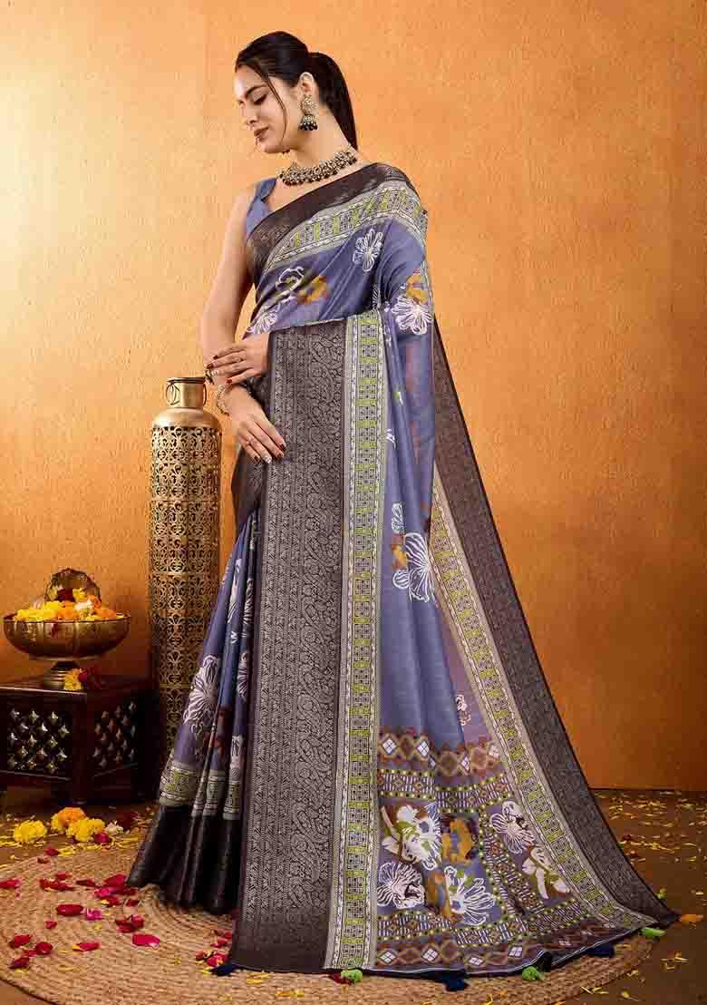 Lavender Floral Print Silk Blend Saree Set