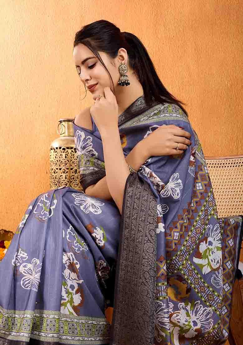 Lavender Floral Print Silk Blend Saree Set