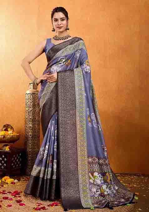 Lavender Floral Print Silk Blend Saree Set