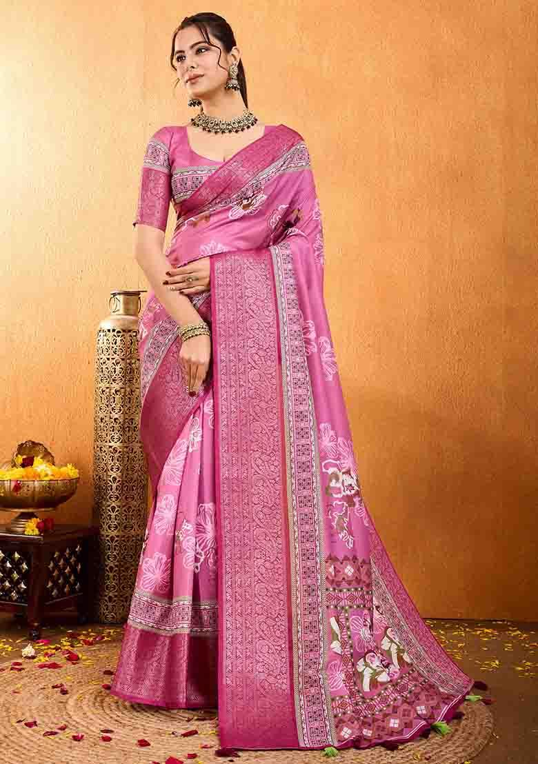 Pink Floral Print Silk Blend Saree Set