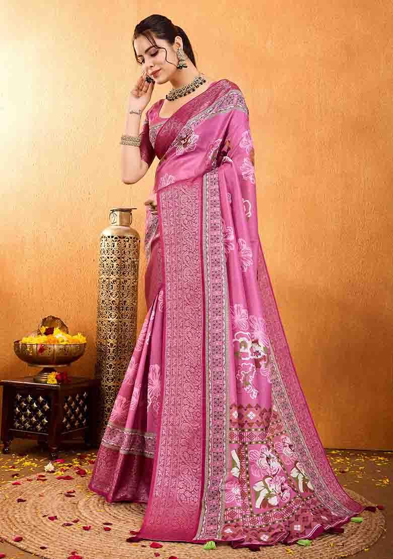 Pink Floral Print Silk Blend Saree Set