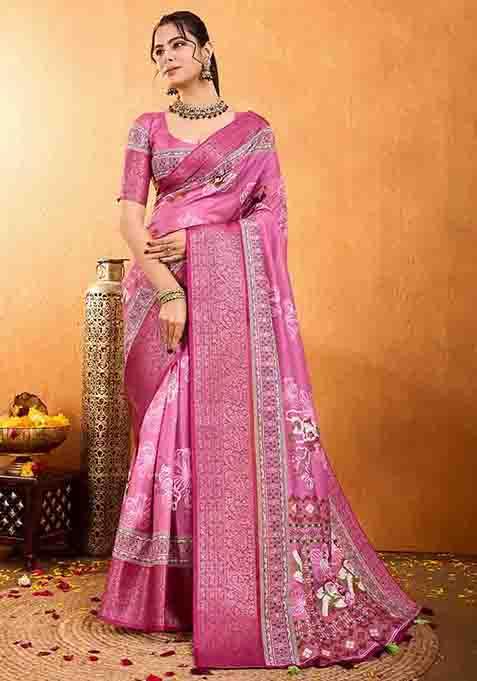 Pink Floral Print Silk Blend Saree Set