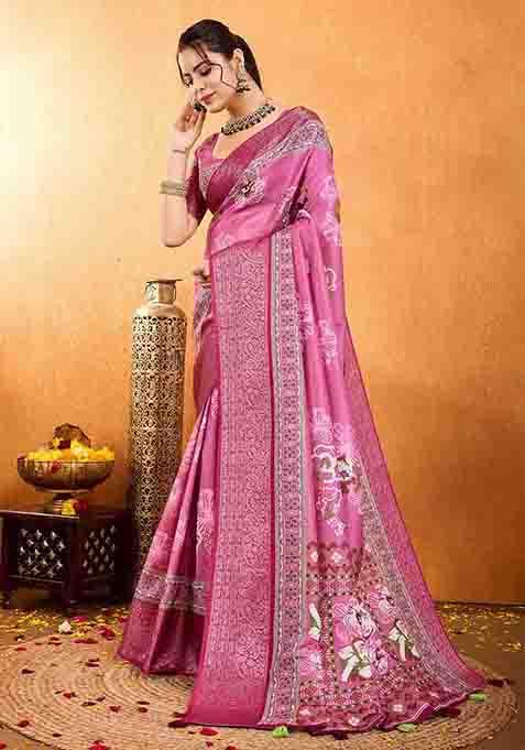 Pink Floral Print Silk Blend Saree Set
