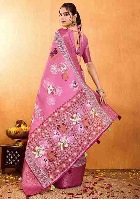 Pink Floral Print Silk Blend Saree Set