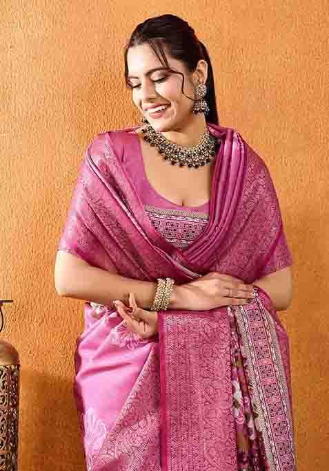 Pink Floral Print Silk Blend Saree Set