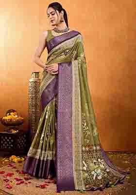  Mehendi Green Floral Print Silk Blend Saree Set