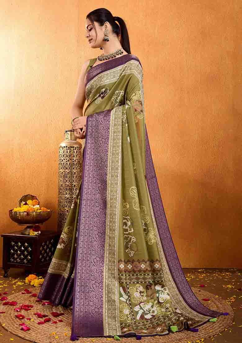  Mehendi Green Floral Print Silk Blend Saree Set