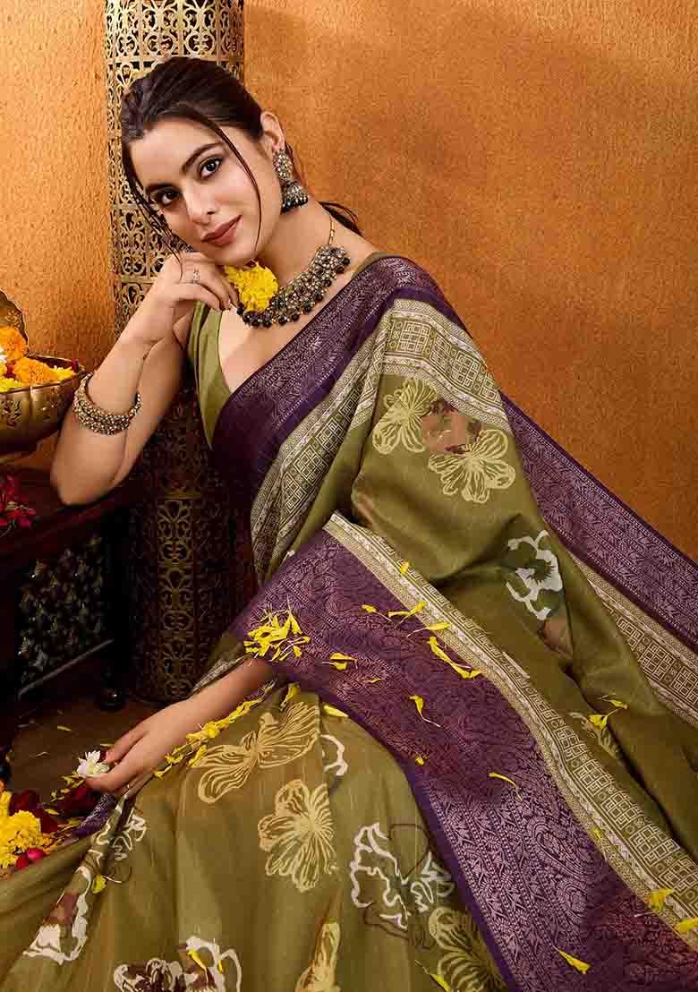  Mehendi Green Floral Print Silk Blend Saree Set