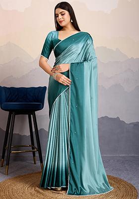 Sea Green Beads Satin Saree Set