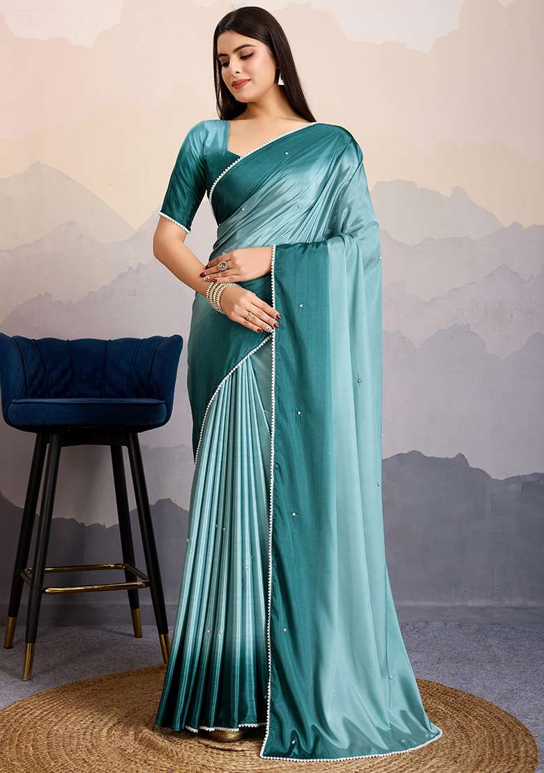 Sea Green Beads Satin Saree Set - Indya