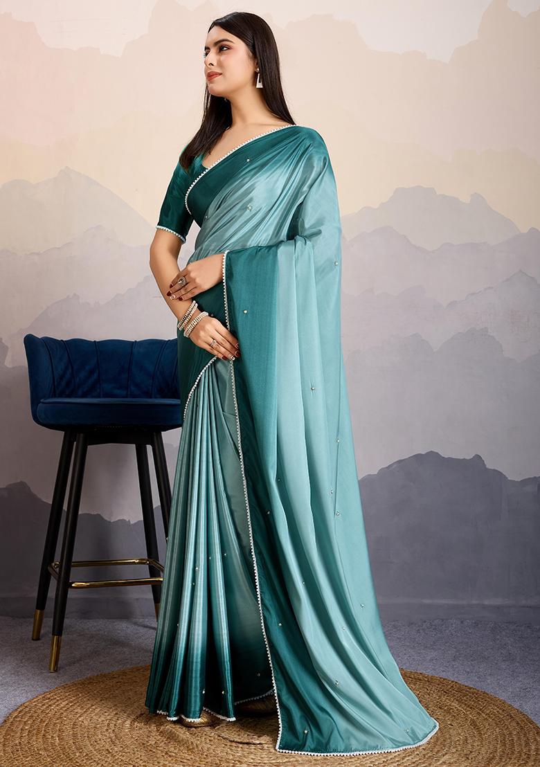 Sea Green Beads Satin Saree Set